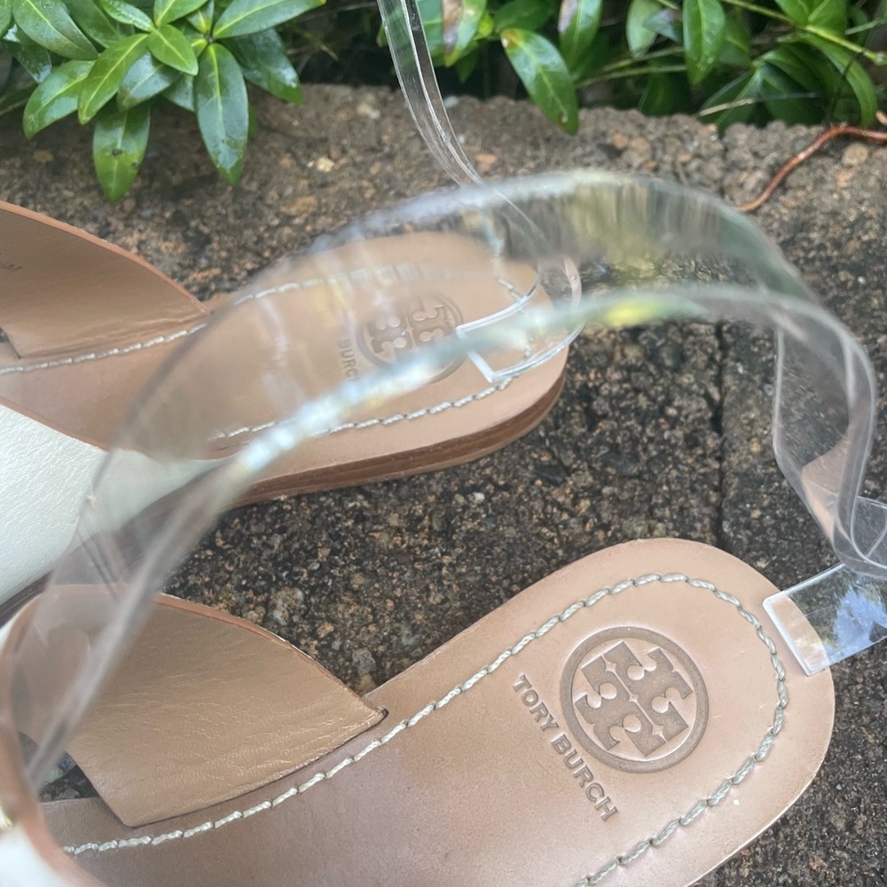 TORY BURCH Marcia Leather Toe Ring Slides Sandals Ivory Gold Size 5.5 - Picture 4 of 13